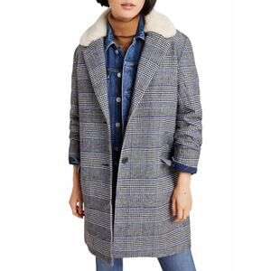 Levi's Amaya Wool Blend Houndstooth Plaid Coat Faux Fur Gray Blue Size L